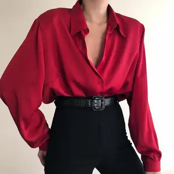 Блуза с дълъг ръкав бутон нагоре риза високо качество офис дама коприна OL стил еднореден копчета завой надолу яка случайни риза