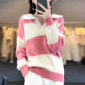 2023 Есен и зима Нов дамски пуловер POLO яка норка руно пуловер мода цвят съвпадение луксозен елегантен трикотажен отгоре