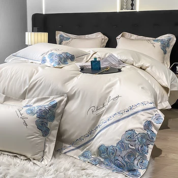 Blue Rose Flowers Бродерия Спални комплекти Луксозен бежов египетски памук Duvet Cover Set Solid Bed Sheet Калъфки за възглавници Домашен текстил