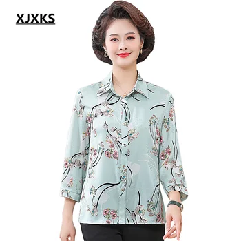 XJXKS Темперамент Дамска риза с принт 2023 Пролет Лято Есен Нова мода Ръкав от седем части Свободна блуза с големи размери