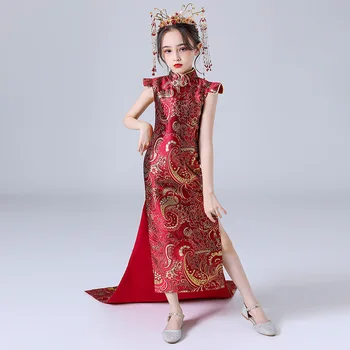 Деца принцеса вечер дълга сатенена рокля изоставаше момиче Китай-шик деца Qipao Cheongsam Guzheng изпълнение дрехи Chipao