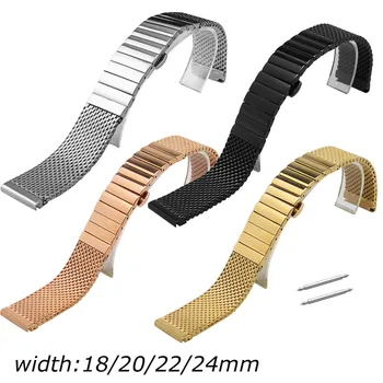 Solid неръждаема стомана ML Butterfly Buckle Watch Band Single Link Watch Straps 18mm 20mm 22mm 24mm Band w Pins