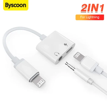 Byscoon 2 IN 1 слушалки жак зарядно адаптер AUX кабел за iPhone 14 13 12 11 Pro XS Max XR 8 пулсиращо осветление към 3.5MM конектор