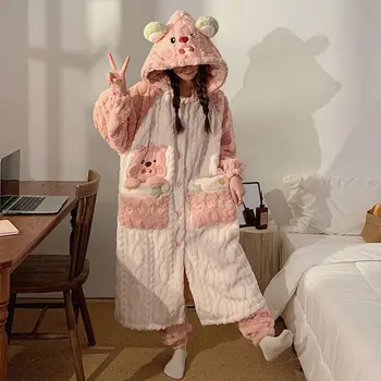 kawaii смахнат пижама аниме Околните момиче зимата сгъсти плюс кадифе запази топло дълги ръкави пижама костюм Удобна топлина
