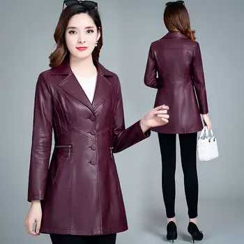 Кожено яке Жени Пролет 2023 Нова мода тънка талия дамско облекло дълго ежедневно женско палто