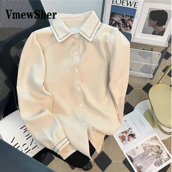 VmewSher 3 обикновена есенна нова риза с дълъг ръкав жени ретро случайни топ шевове изненадваща яка мода едноредна блуза