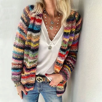 2024 Пролет плетене дамски пуловер ивица жилетка дълъг ръкав тънки пари хлабав пуловери женски случайни модерни дамски дрехи