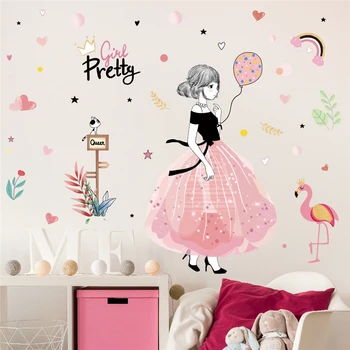 Красиви момичета Фламинго звезда листа модел стена стикер за детска стая спалня декорация на дома карикатура стенопис изкуство Pvc стикери плакат