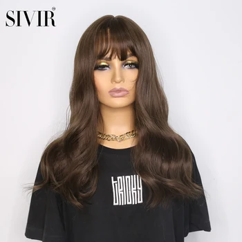 Sivir Синтетични перуки за жена 22inch вълнообразна коса с бретон черно / кафяво / мед чай лен 3 цвят топлоустойчиви влакна