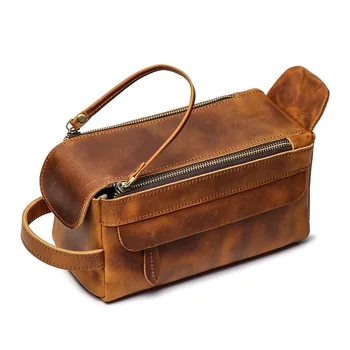 Дамска козметична чанта Дамска чанта Тоалетни принадлежности Чанти за съхранение Многофункционална естествена кожа Голям капацитет Луда конска кожена кутия