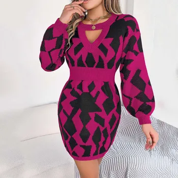 Дамски секси пуловер рокля случайни мини пола геометричен модел мода открит streetwear V врата дълъг ръкав Bodycon рокля