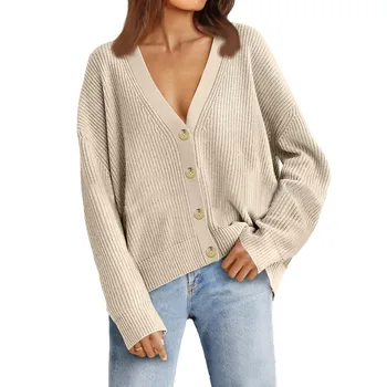 Дамски плътен цвят жилетка пуловер есен и зима прости гъвкави бутони плътен цвят реколта трикотажно палто просто яке