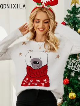 Коледен пуловер жени O-образно деколте топъл пуловер зимни бели бродирани плетене пуловер пуловер дамски дълъг ръкав отгоре 2023