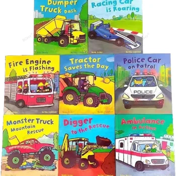 8 бр / комплект заети колела багер пожарна кола състезателни трактор линейка английски картина история книга момче деца знания образование