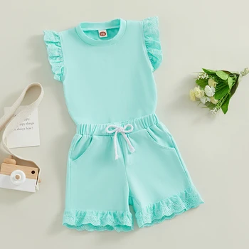 Baby Girls Summer Outfit Fly ръкав Crewneck плътен цвят тениска Frill шорти Infant Toddler Loungewear Suit