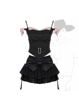Дамски черни готически дантелени пола комплекти костюм реколта A-линия мини пола и без ръкави Crop Top Y2k корейски елегантни емо дрехи 2023