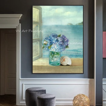 100% ръчна изработка Абстрактен голям размер пейзаж цвете океан прозорец Живопис с маслени бои Декорация на дома без рамка