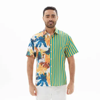 Y2K Улично облекло Лято Нови Trendyol мъже Hawaiana къс ръкав плажна риза мъж извънгабаритни реколта пачуърк раирани ризи облекло