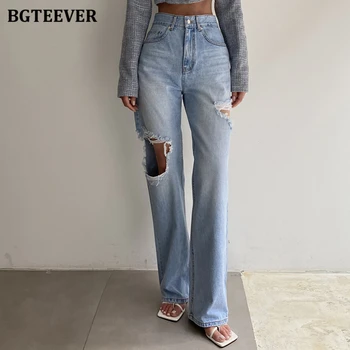 BGTEEVER Streetwear висока талия изтръгнат дупки дънки панталони за жени лято стилен свободни джобове направо дънкови панталони женски