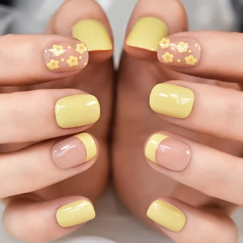 Натиснете върху ноктите къс кръг френски жълт цвете модел Uv гел нокти пълен капак маникюр фалшиви нокти съвети фалшиви нокти набор