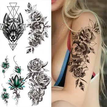 3D роза цвете временни татуировки за жени възрастни геометрични вълк лотос фалшив татуировка стикер реалистични вода трансфер ръка Tatoos