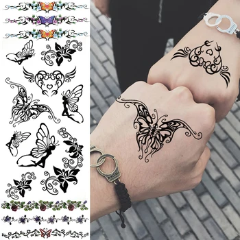Дантела пеперуда сърце временни татуировки за жени деца фея цвете фалшив татуировка стикер реалистичен елф крак ръка лицето tatoos сладък