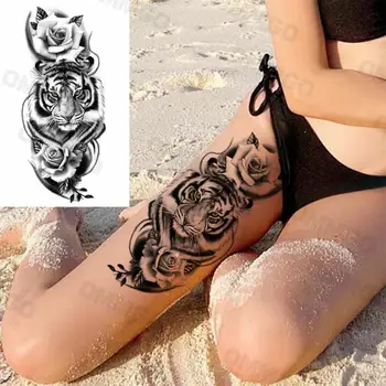 3D реалистични розови цветя тигър бедрото временни татуировки за жени възрастни вълк лъв корона фалшив татуировка боди арт живопис Tatoo хартия