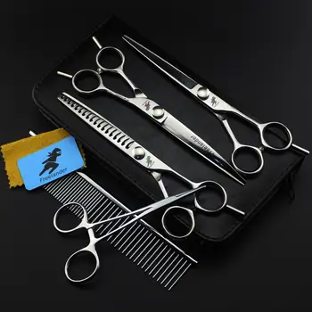 Комплект ножици за подстригване на домашни любимци 7 инчов KIV Професионални ножици за кучета Рязане на коса Права дръжка Извити ножици с гребен чанта