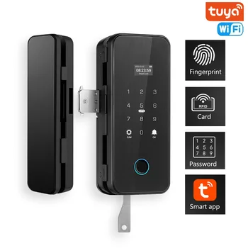Интелигентно заключване за стъклена врата дървена врата или Wifi Tuya Smart биометрична брава за пръстови отпечатъци Електронно заключване на вратата Цифрово заключване Бормашина безплатно