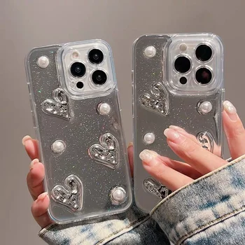 Луксозен 3D перлен любовен сърдечен калъф за телефон за iPhone 14 Pro Max 11 12 13 Pro Max 14 плюс блясък блясък огледало мек TPU заден капак