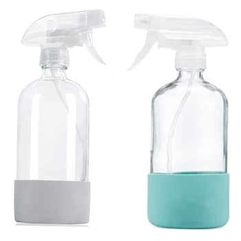 Clear спрей бутилки Стъклени спрей бутилки за многократна употреба празна бутилка със силиконова втулка за почистващи разтвори, пръскачка за вода
