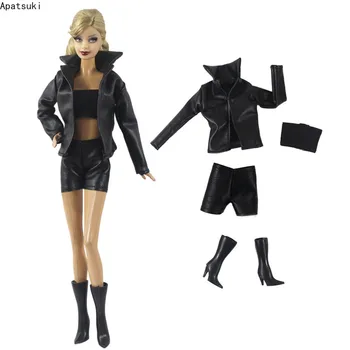 Черни кожени дрехи за кукла Барби Outfit Мода Кратко палто яке шорти Топ ботуши комплект за Барби 1/6 кукли аксесоари