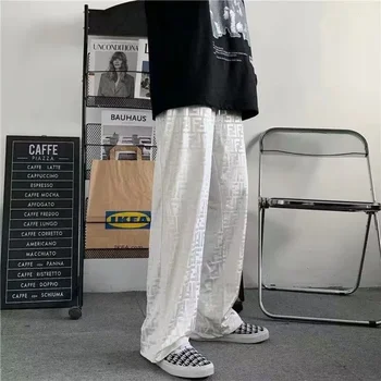 Ретро случайни права тръба широк крак панталони мъжки висока талия бяло писмо отпечатани корейски свободни панталони