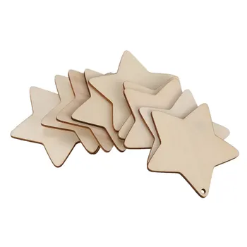 10 x дървени звездни форми, обикновени дървени занаятчийски етикети с дупка (10cm)