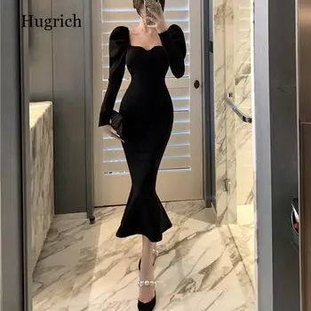 Черна рокля с дълъг ръкав жени ранна есен Хепбърн стил дълга пола рибена опашка пола френски площад яка тънък пола жени