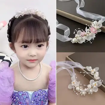 булчински лента за глава регулируема изкуствена перла цвете лента за коса за момичета принцеса стил сватба лента за глава с противоплъзгащ дизайн фея