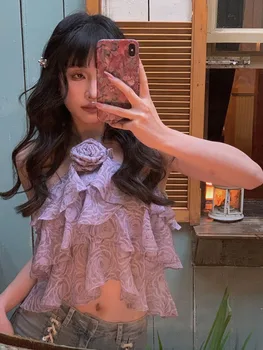 ADAgirl елегантен розов потник жени нередовни къдри пачуърк Camis корейска мода случайни тънки женски върхове за лятото нови