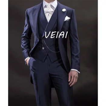 Slim Fit Официални мъжки костюми с двуредна жилетка Тъмносин мъжки моден яке панталони 3 части сватба смокинг за младоженеца