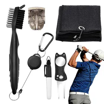 Golf Club Cleaner Kit Golf Tool Kit 5PCS Двустранен голф клуб четка Tri-Fold голф кърпа Divot инструмент и топка маркер преносим