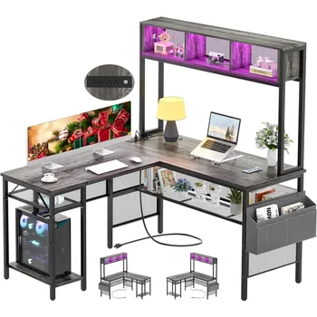 Обратимо L-образно ъглово бюро с рафтове за съхранение и чанта Индустриална домашна офис бюро игрална маса с USB порт компютър