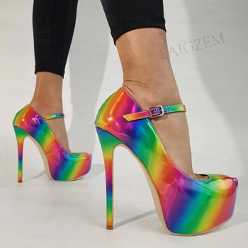 LAIGZEM Дамски помпи Multi цветове платформа Mary Janes Тънки високи токчета сандали ръчно изработени дамски обувки жена плюс размер 39 43 45 52