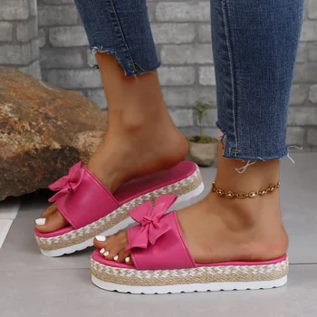 Лято Дамски отворени пръсти плоски чехли мода Bowknot платформа слайдове обувки за жени на открито ежедневни плажни обувки женски сандали