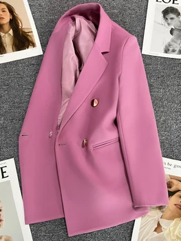 Лилаво розово метално копче костюм палто нов британски стил дизайн чувство двуреден костюм през пролетта и есента блейзър жени