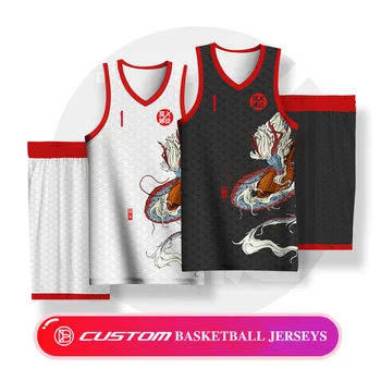 2PCS баскетболни комплекти за мъже Адаптивни пълни сублимационни имена на отбора Номер Лого отпечатани дракон модел потници шорти униформи