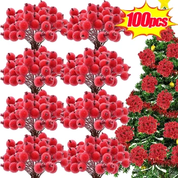 100/20Pcs Изкуствени матирано Холи Бери Мини симулация Cherry Stamen двойна глава фалшиви плодове Коледа сватбено тържество декорации