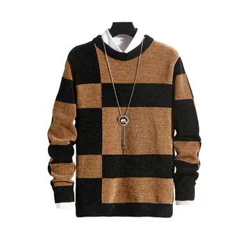 Мъжки цвят блокиращ пуловер удебелен топъл пуловер стилен мъжки зимен пуловер топъл трикотаж с О-образно деколте дълги ръкави за есента