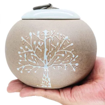 1pc керамична кремационна урна за пепел, среден спомен за спомен, ръчно рисуван, дизайн на дървото на живота, подходящ за малка част от пепелта