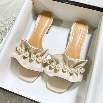 2023Нови дамски сандали на нисък ток за лятна мода Дизайн на марката Черни обувки Квадратен връх Перла Чехли за свободното време41-43