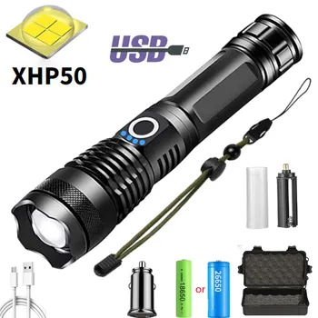 5 режима Мощен XHP50 LED фенерче USB акумулаторна Zoomable Led Torch USE 18650 или 26650 батерия за къмпинг на открито