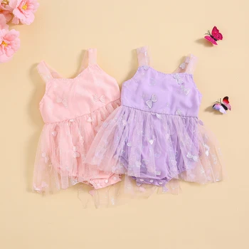 бебе момиче балон тюл гащеризон 3D пеперуда бродерия боди рокля без ръкави лято лилаво розово сладък дрехи